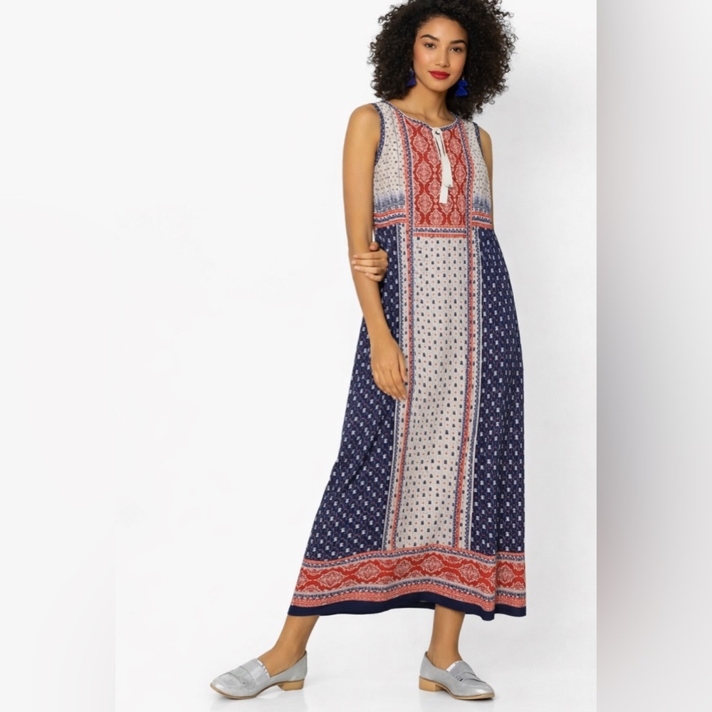 Elegant Blue and Red Maxi Dress